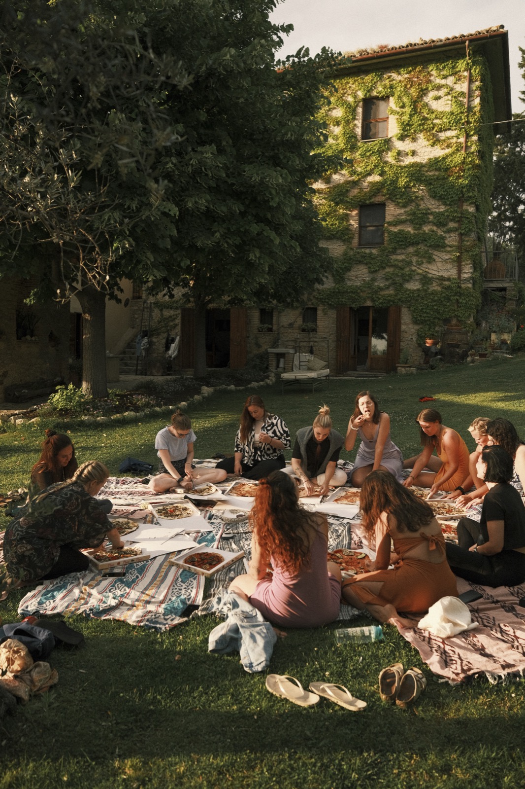 Outdoor meditation space surrounded by olive trees in Italy